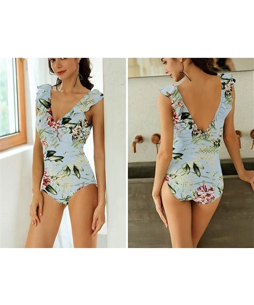 One-Pieces 2019 Sexy Retro V Neck Swimsuit One Piece Ruffled Padded High Waist Swimwear Women Monokini - Floral Print - CA18R...