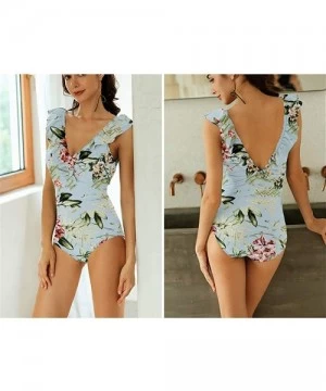 One-Pieces 2019 Sexy Retro V Neck Swimsuit One Piece Ruffled Padded High Waist Swimwear Women Monokini - Floral Print - CA18R...