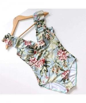 One-Pieces 2019 Sexy Retro V Neck Swimsuit One Piece Ruffled Padded High Waist Swimwear Women Monokini - Floral Print - CA18R...