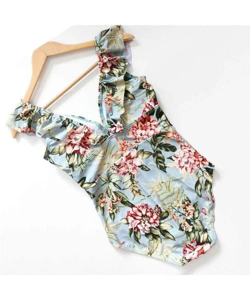 One-Pieces 2019 Sexy Retro V Neck Swimsuit One Piece Ruffled Padded High Waist Swimwear Women Monokini - Floral Print - CA18R...