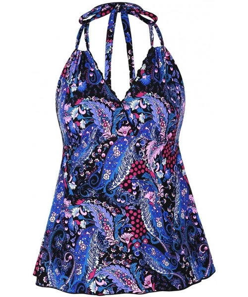 Tankinis Women's Swimsuit V Neck Lace Swim Top Convertible Halter Tankini Flowy Swimwear - Blue Leaves - CC18CZ3Z2Z6