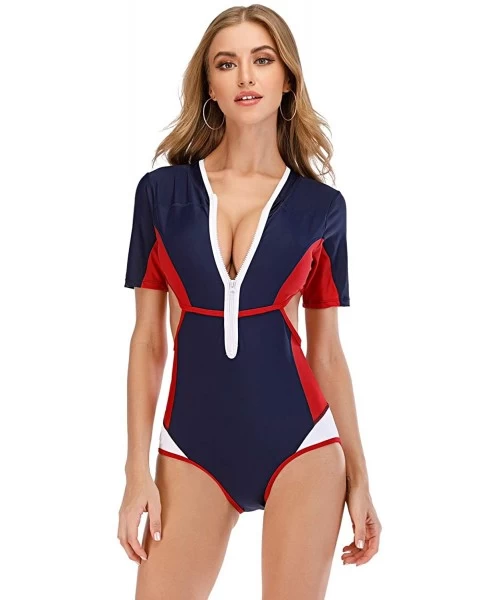 One-Pieces Women Short Sleeve Zip UV Protection Rashguard Swimwear Surfing Fashion One Piece Swimsuit Printing Bathing Suit -...