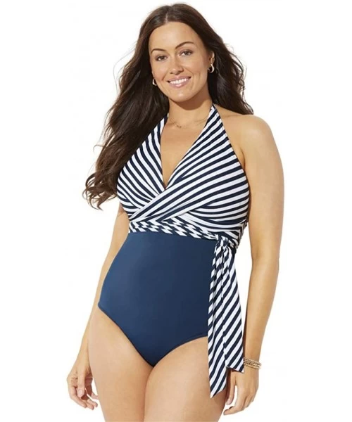 One-Pieces Women's Plus Size Faux Wrap Halter One Piece Swimsuit - Midnight White Stripe - CN1923CX5IY