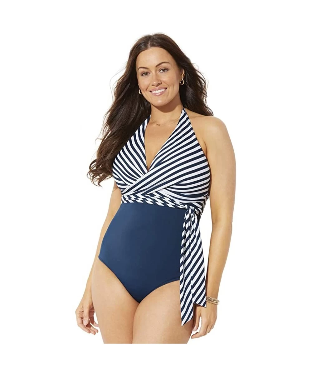 One-Pieces Women's Plus Size Faux Wrap Halter One Piece Swimsuit - Midnight White Stripe - CN1923CX5IY