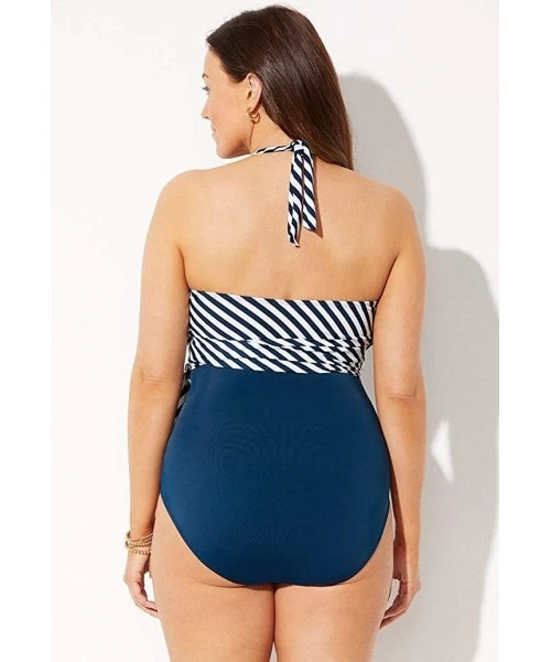 One-Pieces Women's Plus Size Faux Wrap Halter One Piece Swimsuit - Midnight White Stripe - CN1923CX5IY