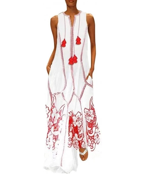 Cover-Ups Women's Sleeveless Maxi Dress Vintage Boho Floral Summer Beach Tunic Tank Dress Casual Loose Swing Long Dresses Red...