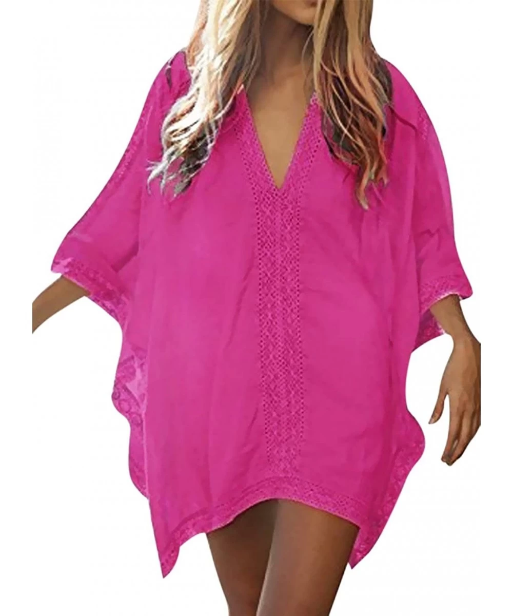 Cover-Ups Womens Beach Bathing Suit Swim Bikini Swimsuit Oversized Cover Up Dresses - Rose Red - C518UA3CM00