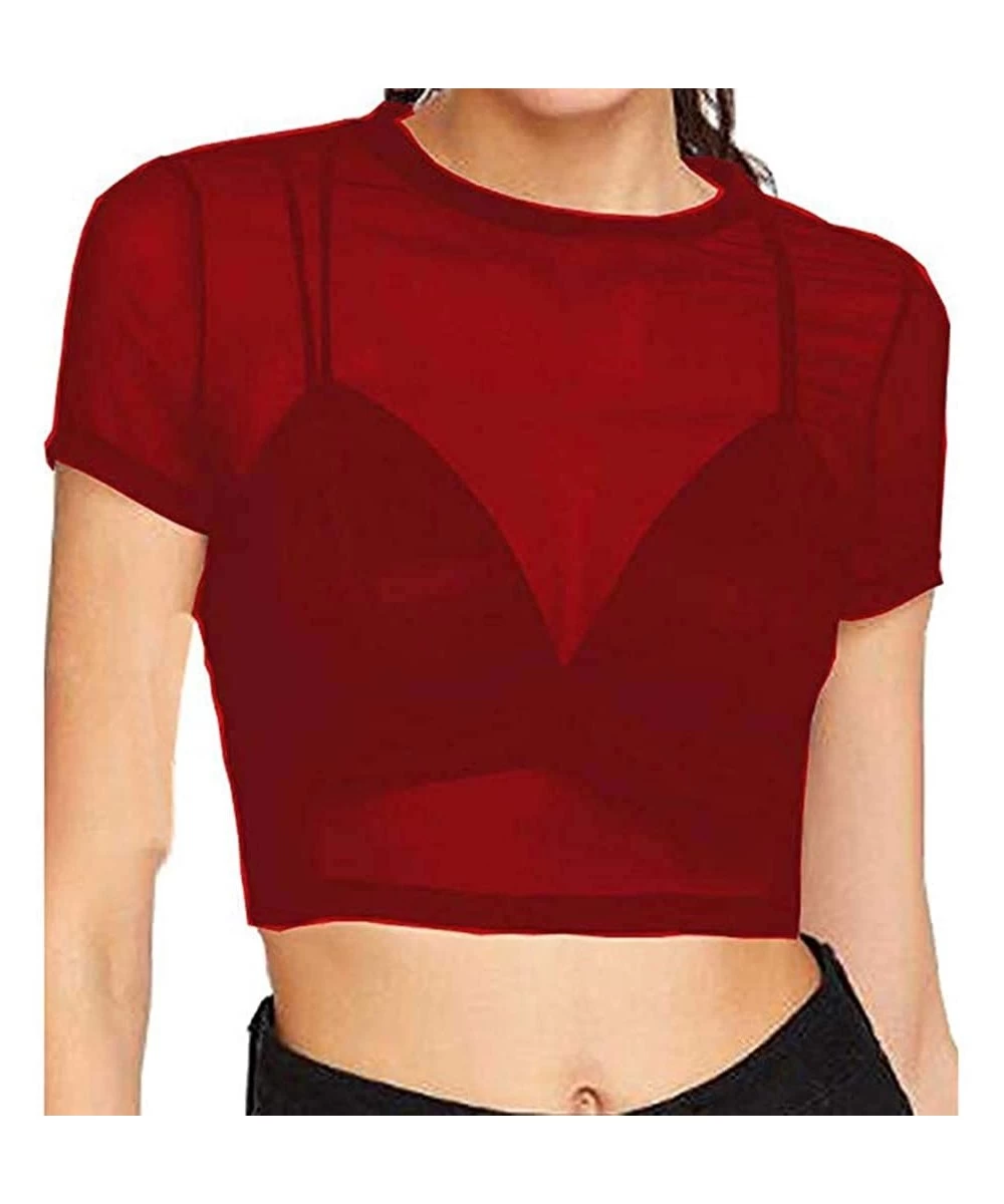 Rash Guards Women's Sexy Sheer Mesh See-Through Short Sleeve Crop Tops Casual Soft Material Blouse - Red - C518ZO5E2Z4