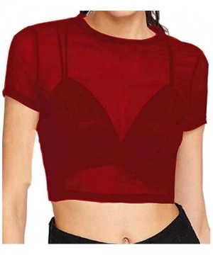 Rash Guards Women's Sexy Sheer Mesh See-Through Short Sleeve Crop Tops Casual Soft Material Blouse - Red - C518ZO5E2Z4