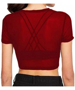 Rash Guards Women's Sexy Sheer Mesh See-Through Short Sleeve Crop Tops Casual Soft Material Blouse - Red - C518ZO5E2Z4