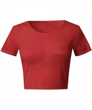 Rash Guards Women's Sexy Sheer Mesh See-Through Short Sleeve Crop Tops Casual Soft Material Blouse - Red - C518ZO5E2Z4