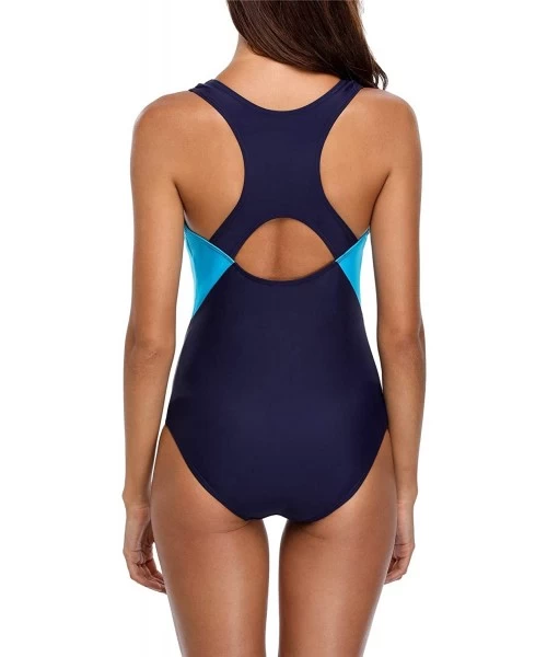 Racing Women's Printed Athletic One Piece Swimsuit Sports Swimwear Training Suit - Blue & Navy - C818KKD6ZQC