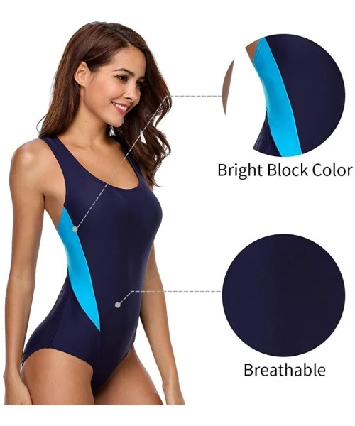 Racing Women's Printed Athletic One Piece Swimsuit Sports Swimwear Training Suit - Blue & Navy - C818KKD6ZQC