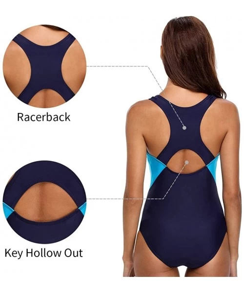 Racing Women's Printed Athletic One Piece Swimsuit Sports Swimwear Training Suit - Blue & Navy - C818KKD6ZQC