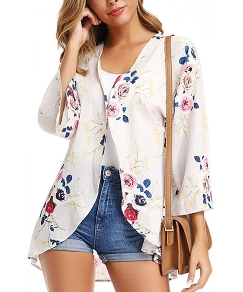 Cover-Ups Women's Casual 3/4 Sleeve Floral Print Cardigan Capes Kimono Chiffon Loose Beach Cover up Summer - Khaki - CT18SGLR9I2