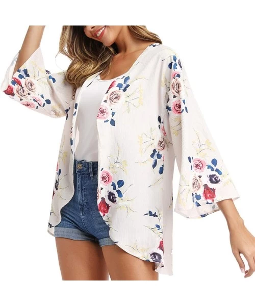 Cover-Ups Women's Casual 3/4 Sleeve Floral Print Cardigan Capes Kimono Chiffon Loose Beach Cover up Summer - Khaki - CT18SGLR9I2