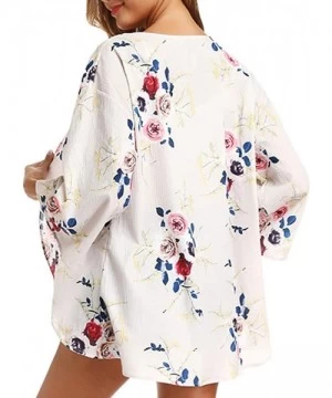 Cover-Ups Women's Casual 3/4 Sleeve Floral Print Cardigan Capes Kimono Chiffon Loose Beach Cover up Summer - Khaki - CT18SGLR9I2