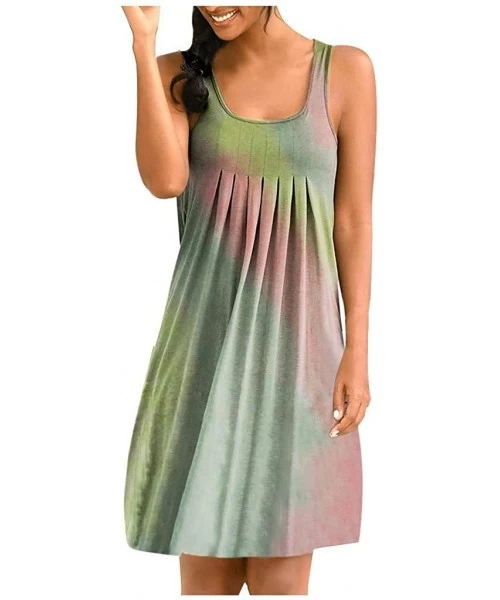 Cover-Ups Women's Tie Dye Sleeveless Pleated Loose Casual T-Shirt Dress Summer Beach Cover up Swing Tank Dress - Mint Green -...