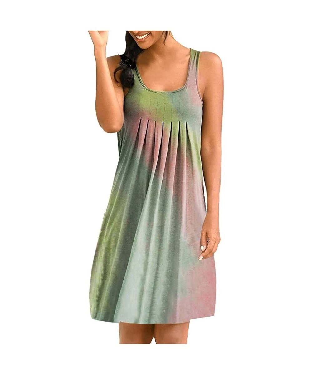 Cover-Ups Women's Tie Dye Sleeveless Pleated Loose Casual T-Shirt Dress Summer Beach Cover up Swing Tank Dress - Mint Green -...