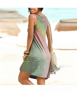 Cover-Ups Women's Tie Dye Sleeveless Pleated Loose Casual T-Shirt Dress Summer Beach Cover up Swing Tank Dress - Mint Green -...