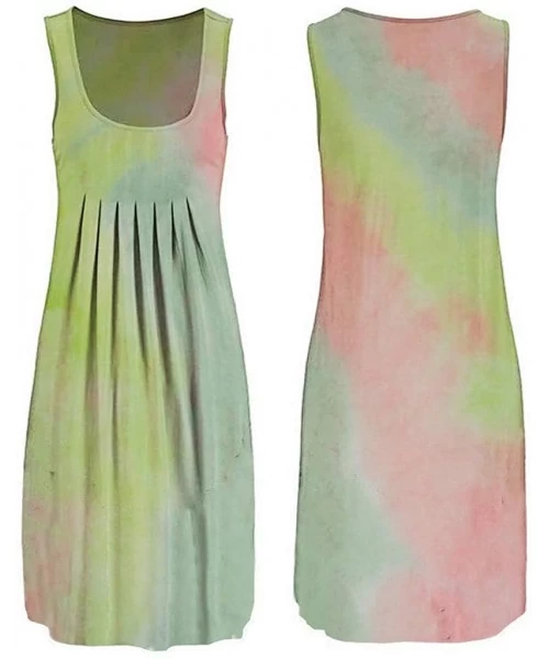 Cover-Ups Women's Tie Dye Sleeveless Pleated Loose Casual T-Shirt Dress Summer Beach Cover up Swing Tank Dress - Mint Green -...