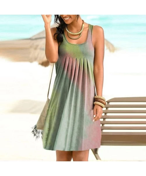 Cover-Ups Women's Tie Dye Sleeveless Pleated Loose Casual T-Shirt Dress Summer Beach Cover up Swing Tank Dress - Mint Green -...