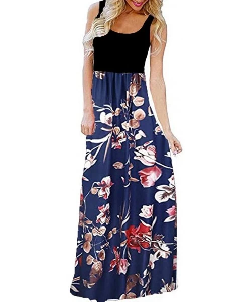 Cover-Ups Women's Long Dress- 2019 New V Neck Sleeveless Summer Floral Print Tank Casual Beach Dress - Blue2 - CH18RAAKM6A