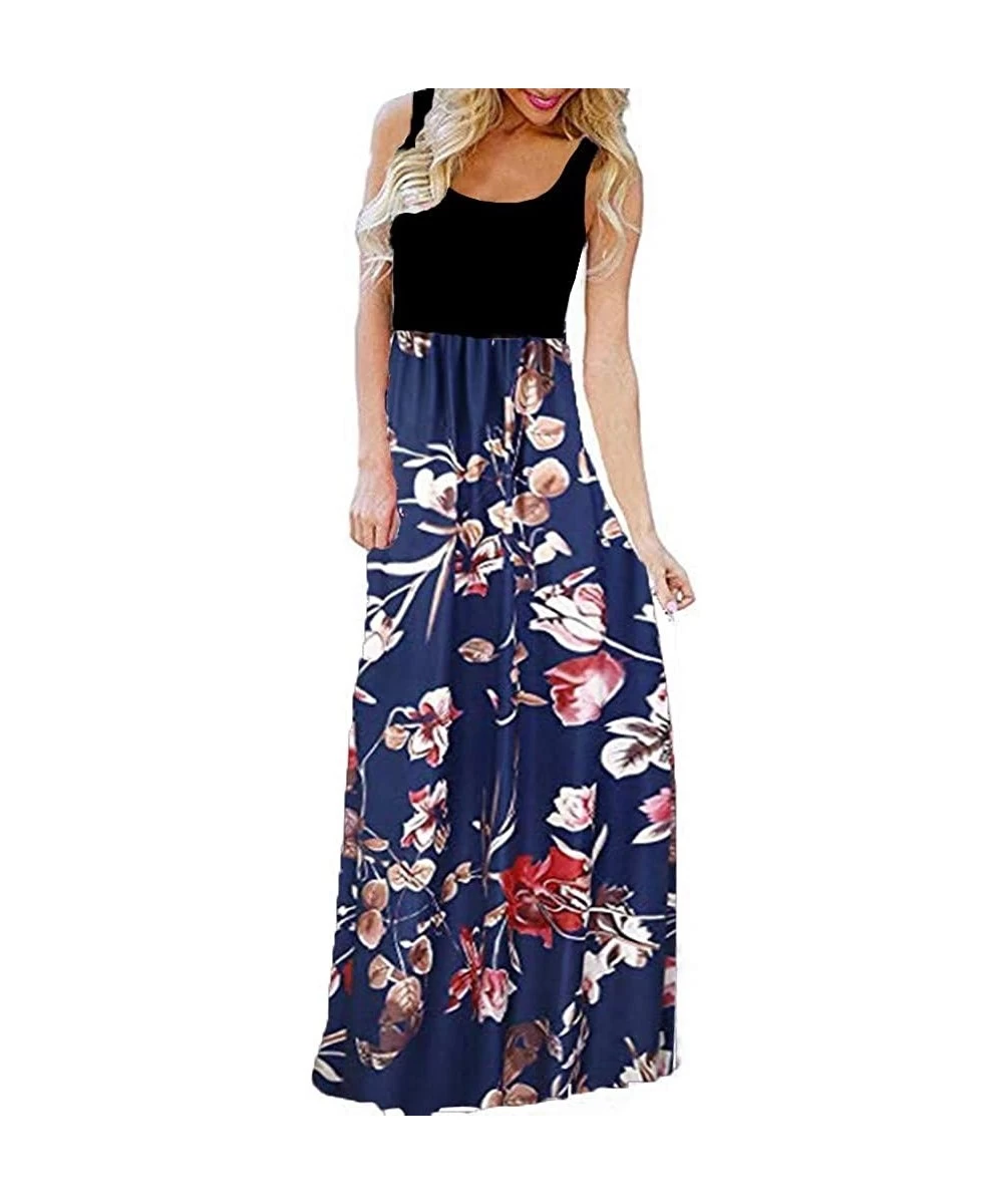 Cover-Ups Women's Long Dress- 2019 New V Neck Sleeveless Summer Floral Print Tank Casual Beach Dress - Blue2 - CH18RAAKM6A