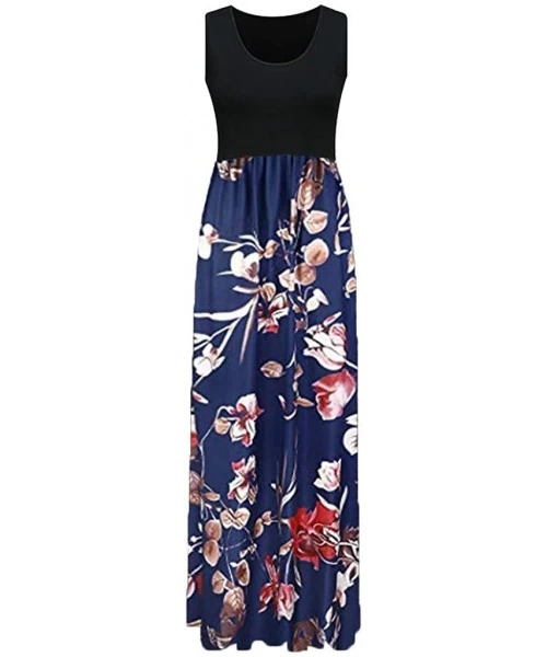 Cover-Ups Women's Long Dress- 2019 New V Neck Sleeveless Summer Floral Print Tank Casual Beach Dress - Blue2 - CH18RAAKM6A