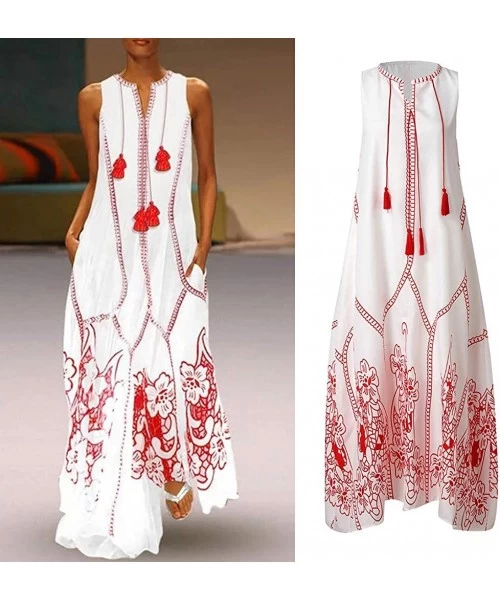 Cover-Ups Women's Sleeveless Maxi Dress Vintage Boho Floral Summer Beach Tunic Tank Dress Casual Loose Swing Long Dresses Red...