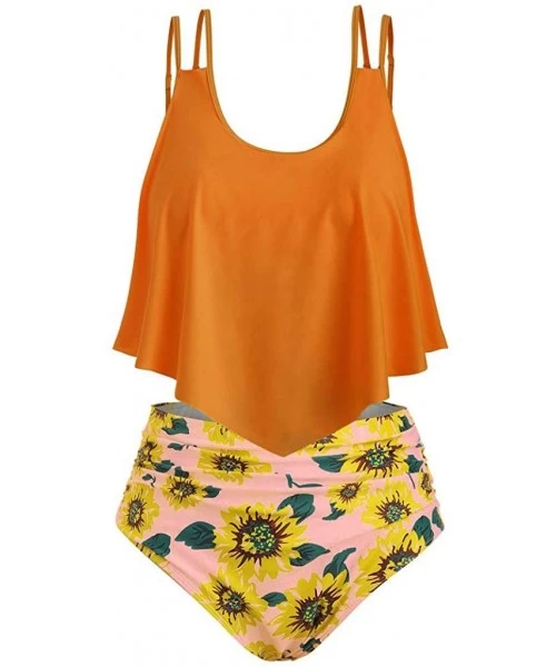 Sets Women Two Pieces Bathing Suits Top Ruffled with High Waisted Bottom Bikini Set - Orange - CJ18UCHED8M