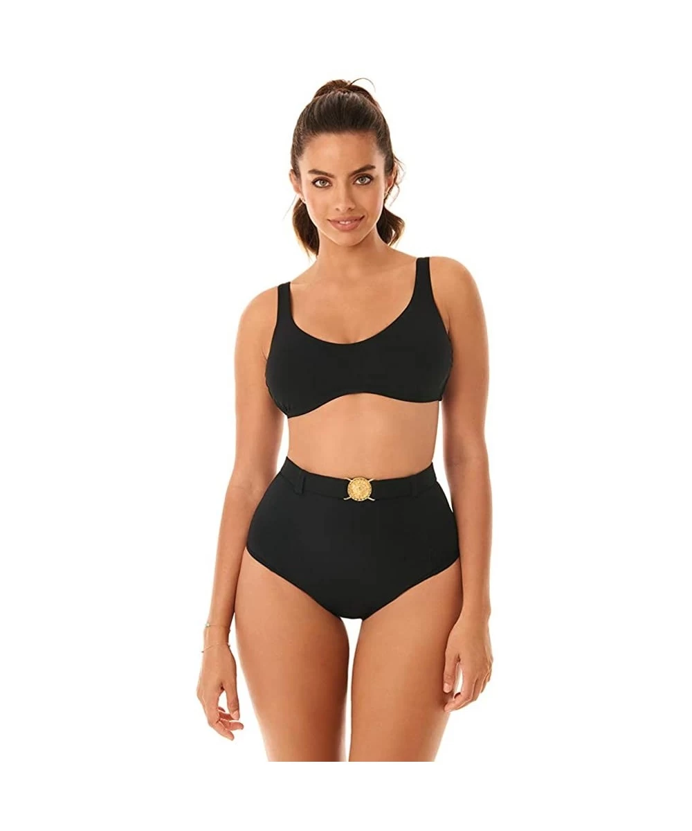 Tankinis Women's Swimwear Simba Pin Up Belted Medallion High Waist Tummy Control Swim Bottom - Black - CA1950LXCYD