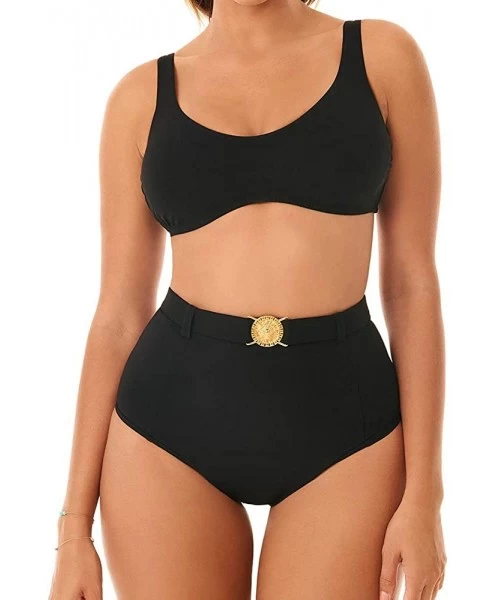 Tankinis Women's Swimwear Simba Pin Up Belted Medallion High Waist Tummy Control Swim Bottom - Black - CA1950LXCYD