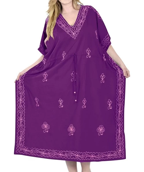 Cover-Ups Women's Plus Size Kaftan Night Gown Swimsuit Cover Up Dress Embroidery - Autumn Violet_t342 - CU11I6NH1YN