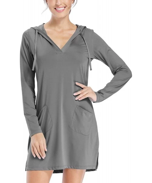 Cover-Ups Women's UPF 50+ Cover-Up Dress Beach SPF Long Sleeve Shirt Dress Sun Protection Hiking Beach - Gray - CG1989W39K5