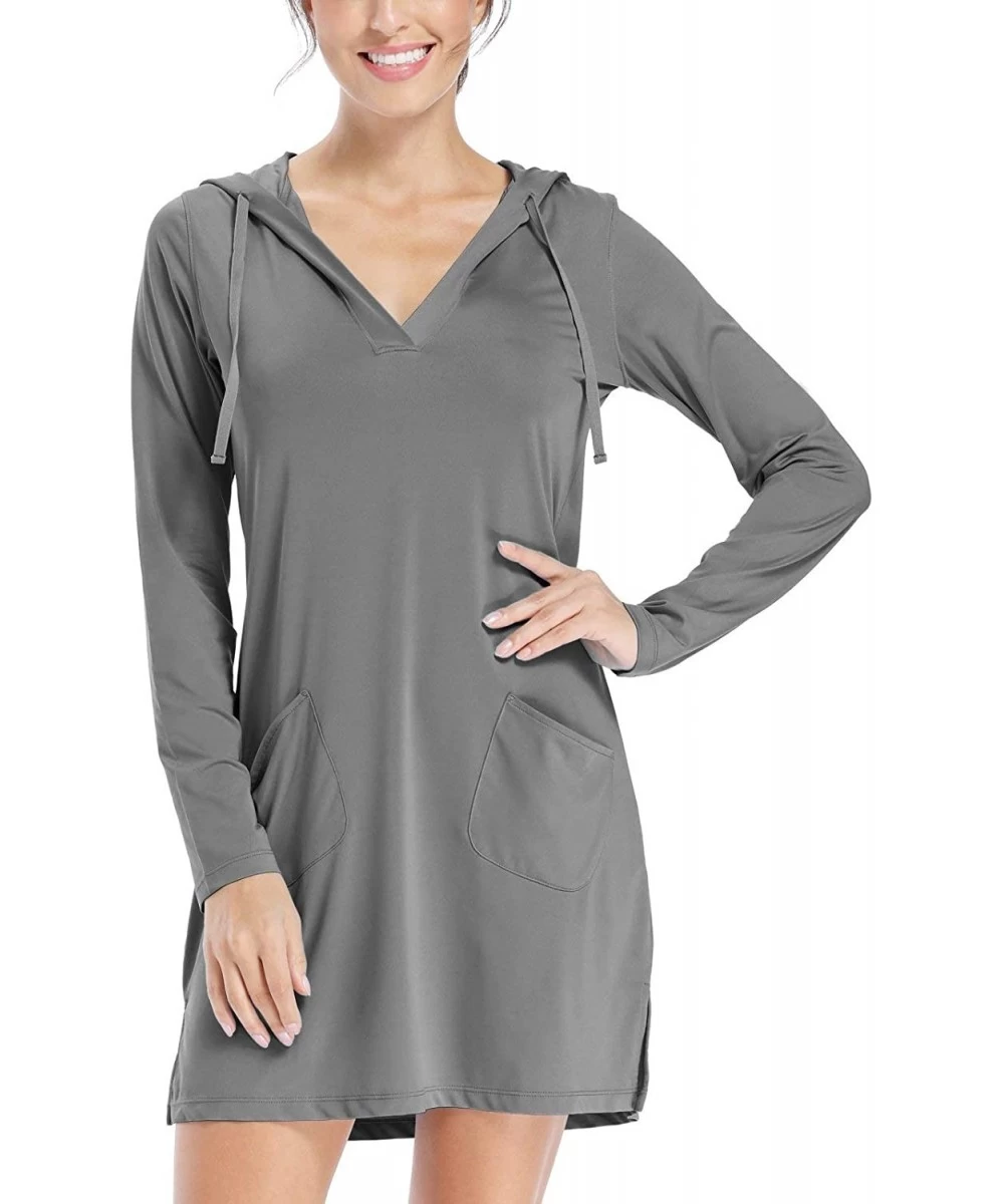 Cover-Ups Women's UPF 50+ Cover-Up Dress Beach SPF Long Sleeve Shirt Dress Sun Protection Hiking Beach - Gray - CG1989W39K5