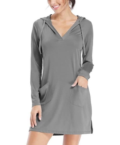 Cover-Ups Women's UPF 50+ Cover-Up Dress Beach SPF Long Sleeve Shirt Dress Sun Protection Hiking Beach - Gray - CG1989W39K5