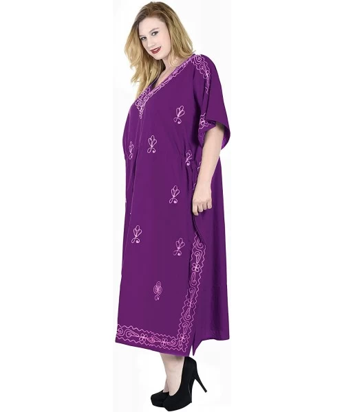 Cover-Ups Women's Plus Size Kaftan Night Gown Swimsuit Cover Up Dress Embroidery - Autumn Violet_t342 - CU11I6NH1YN