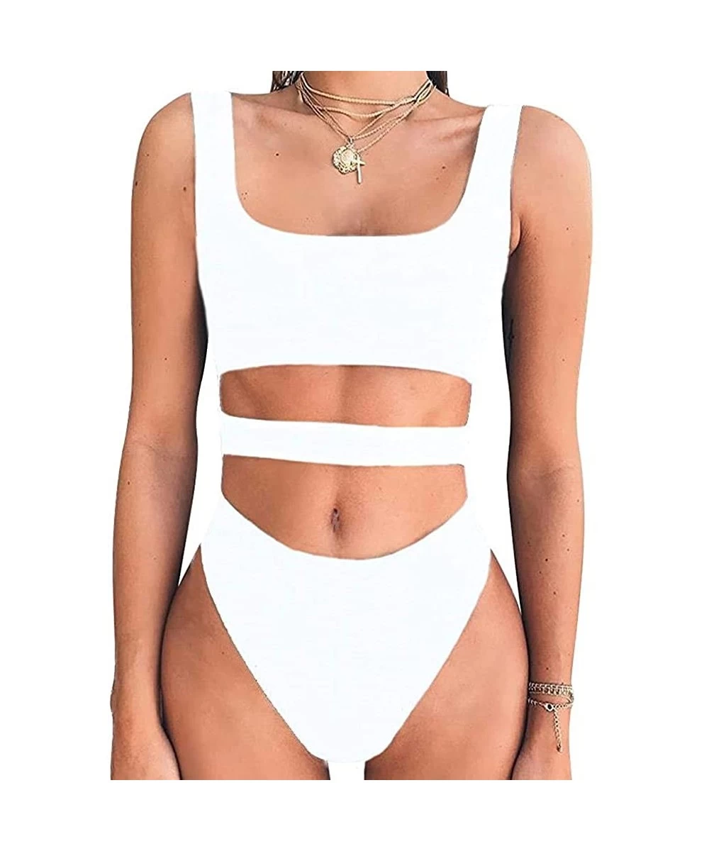 One-Pieces Women's Sexy Sleeveless Tank Top Scoop Neck Bodysuit Summer Swimsuit - White - CB18EO09CR3