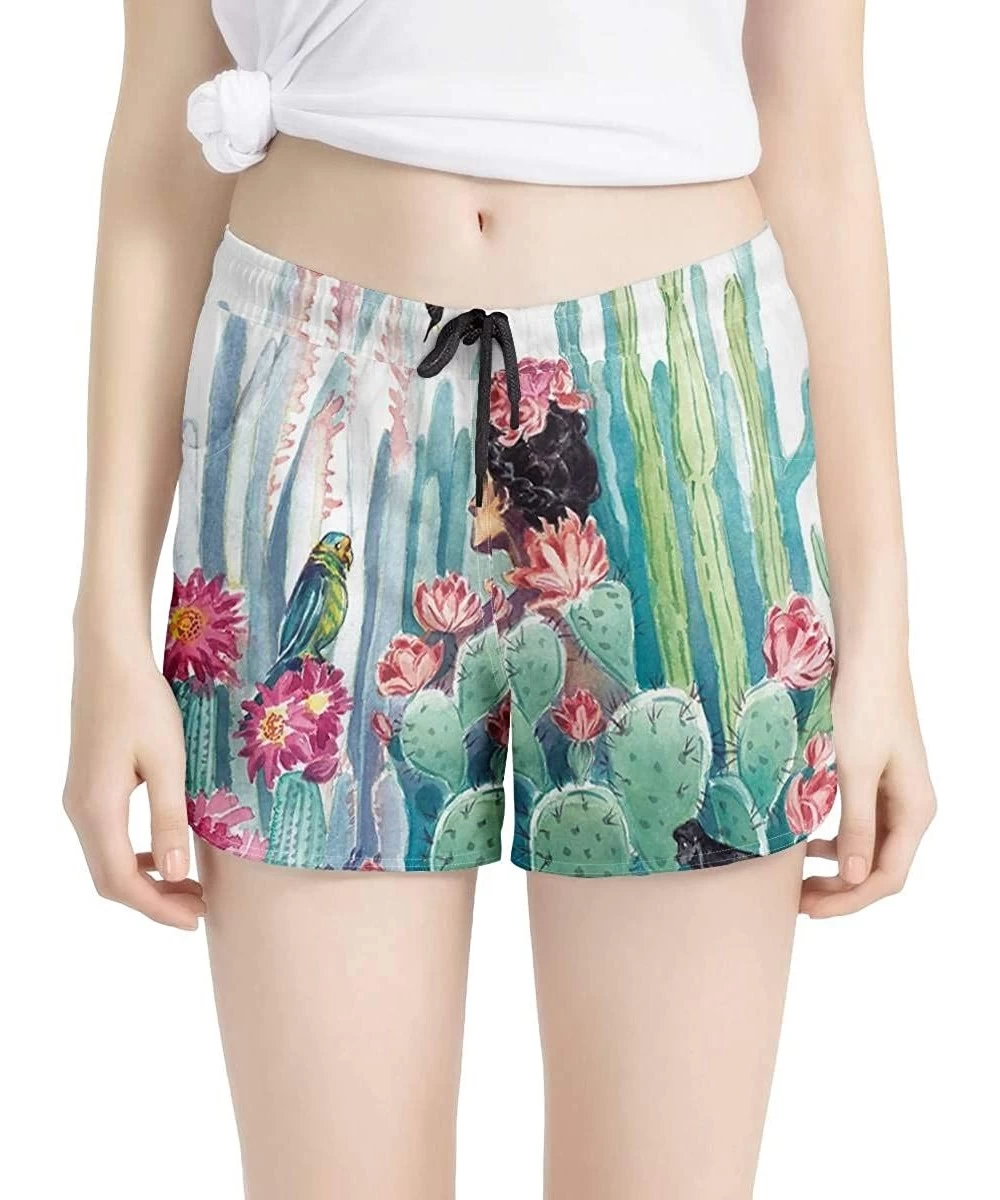 Board Shorts Women's Plus Size Floral Print Beach Shorts with Pockets-Quick Dry Summer Swimmwear Shorts - Cactus-3 - CF194CSTM8U