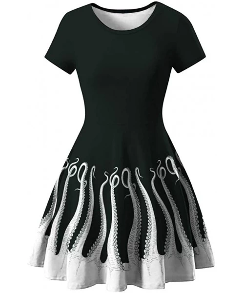 Cover-Ups Women Tunic Dress 3D Printed Short Sleeve O-Neck Casual Loose Vintage Dresses(-) - Black-a - C318W59AZ5E