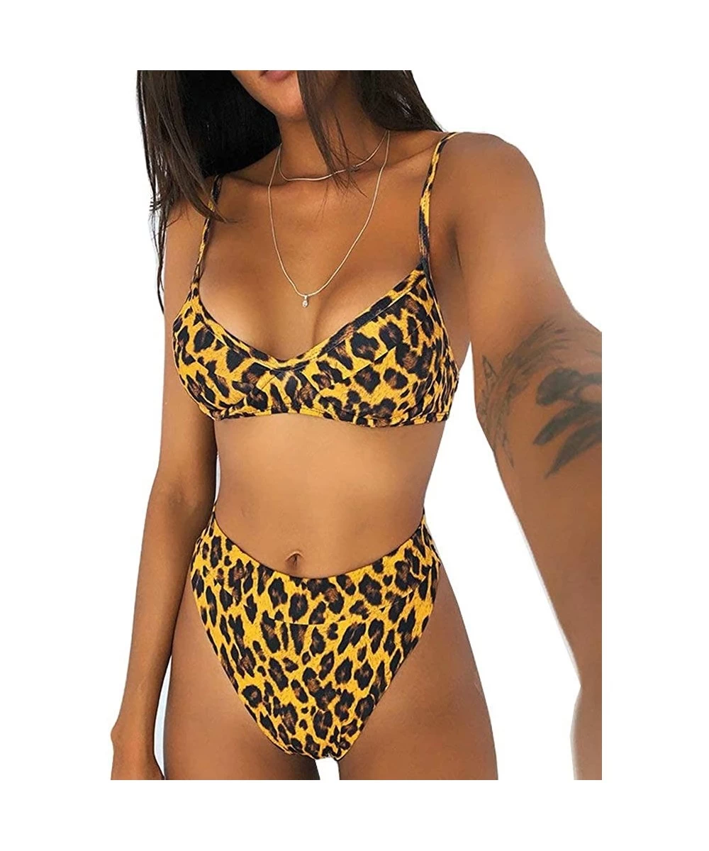 Sets Women Casual Snakeskin Grain Printed Triangle High Waisted Two Piece Luminous Bikini Set - Leopard - CN1930ZXAKE