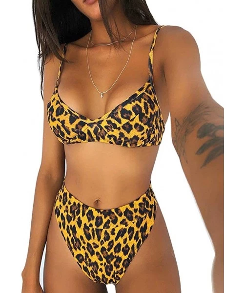 Sets Women Casual Snakeskin Grain Printed Triangle High Waisted Two Piece Luminous Bikini Set - Leopard - CN1930ZXAKE