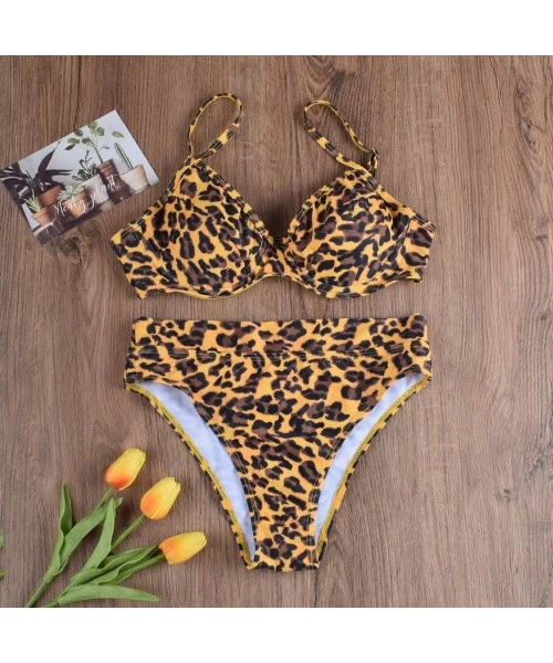 Sets Women Casual Snakeskin Grain Printed Triangle High Waisted Two Piece Luminous Bikini Set - Leopard - CN1930ZXAKE