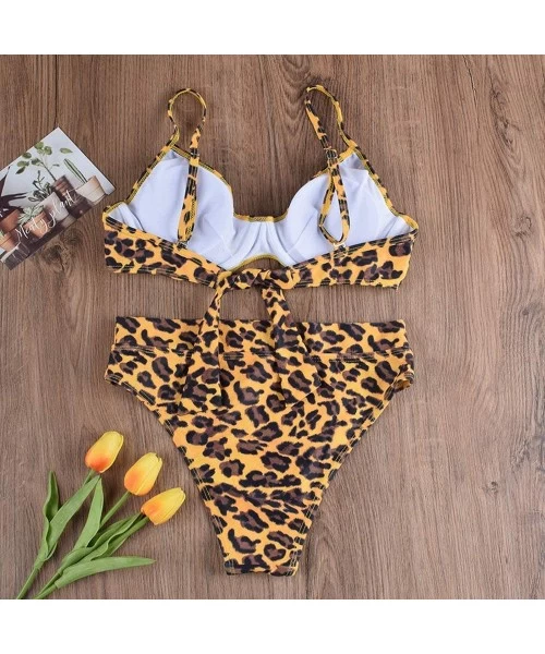 Sets Women Casual Snakeskin Grain Printed Triangle High Waisted Two Piece Luminous Bikini Set - Leopard - CN1930ZXAKE