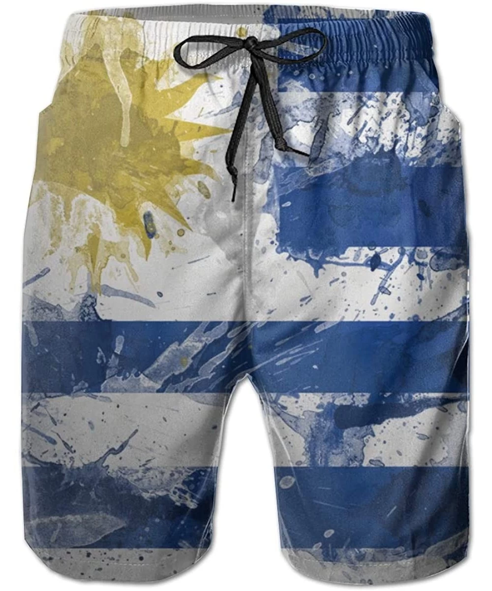 Board Shorts Men's Adjustable Drawstring Elastic Waist Swim Trunks Beach Shorts - Uruguay Flag Paint - CG19CA5R3UW