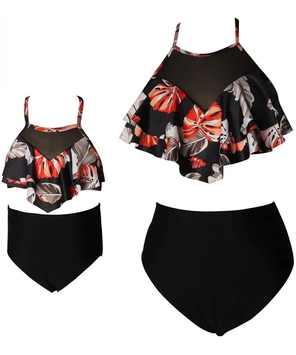 Sets Mommy and Me Swimsuits Two Piece Bikini Swimsuit Family Matching Bathing Suits High Waisted Orange floral + black 03 - C...