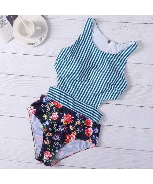 Tankinis Women Floral Stripe Print Monokini One Piece Swimwear Swimsuit Beachwear Padded Bathing Suit - Blue - CU194X7QYH5