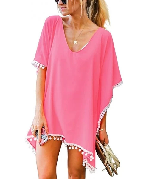 Cover-Ups Women's Chiffon Pom Pom Swimsuit Bathing Suit Cover Up Beach Dress Pink - CE18SIUQCCZ