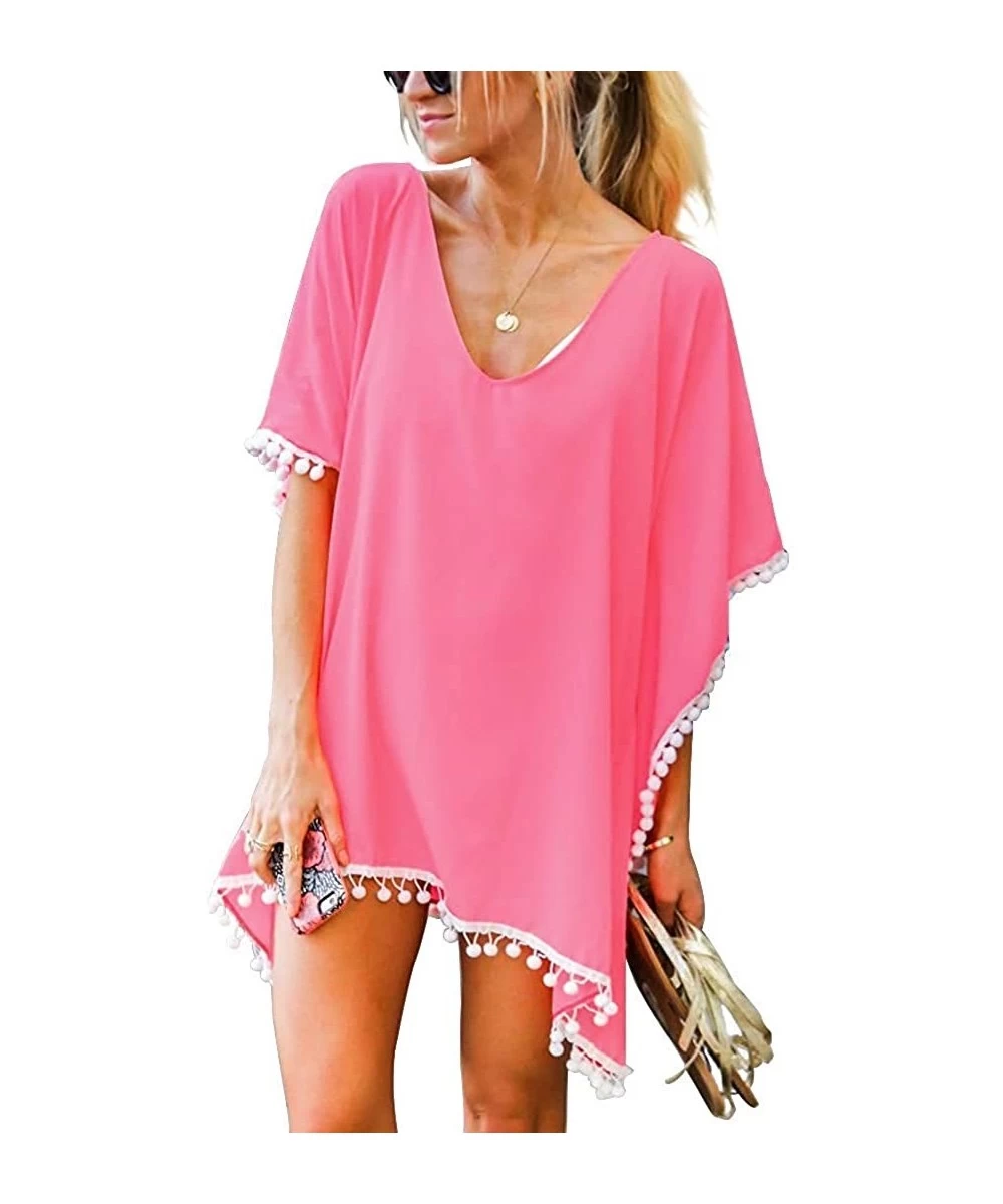 Cover-Ups Women's Chiffon Pom Pom Swimsuit Bathing Suit Cover Up Beach Dress Pink - CE18SIUQCCZ